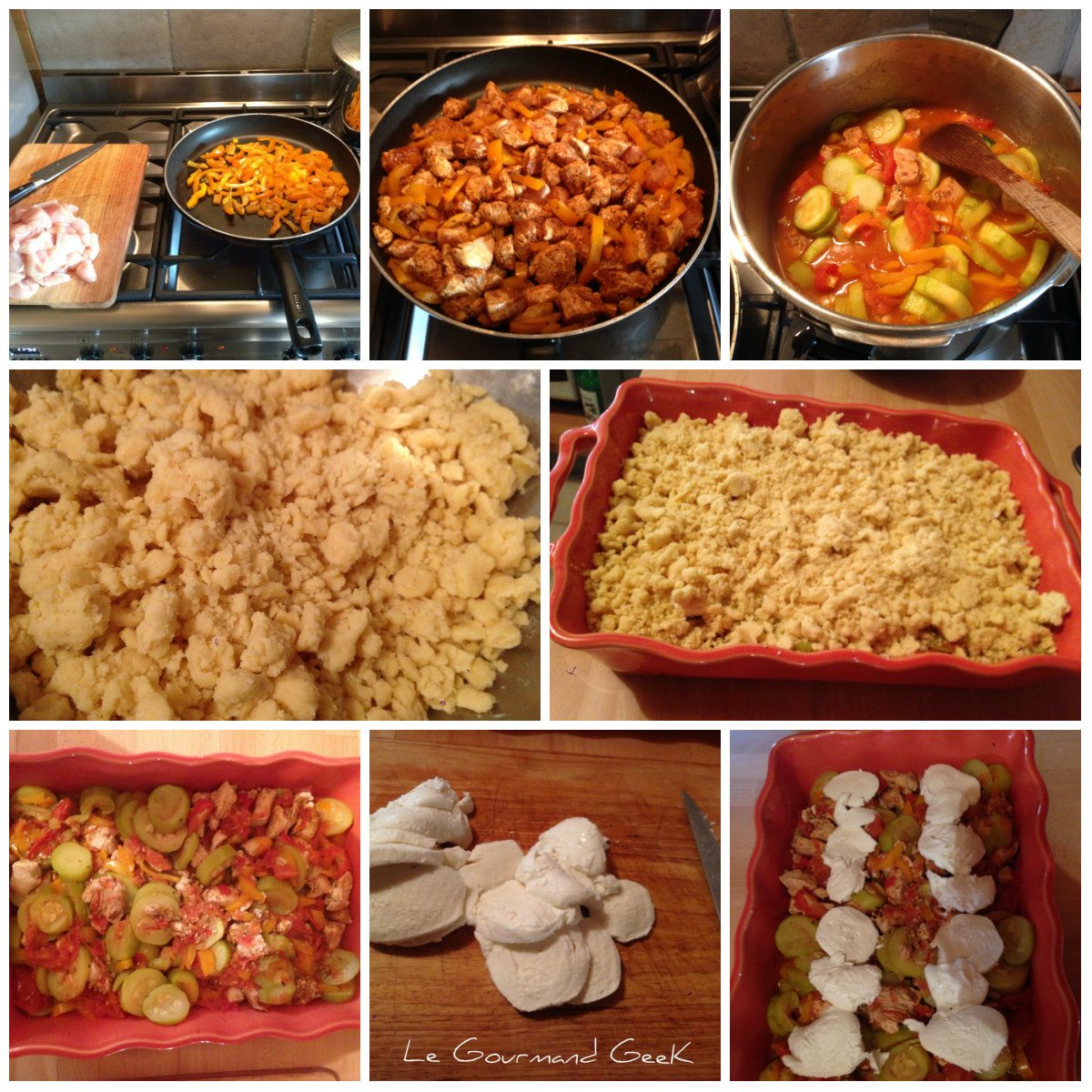 Crumble salé au légumes du soleil, mozza et poulet.