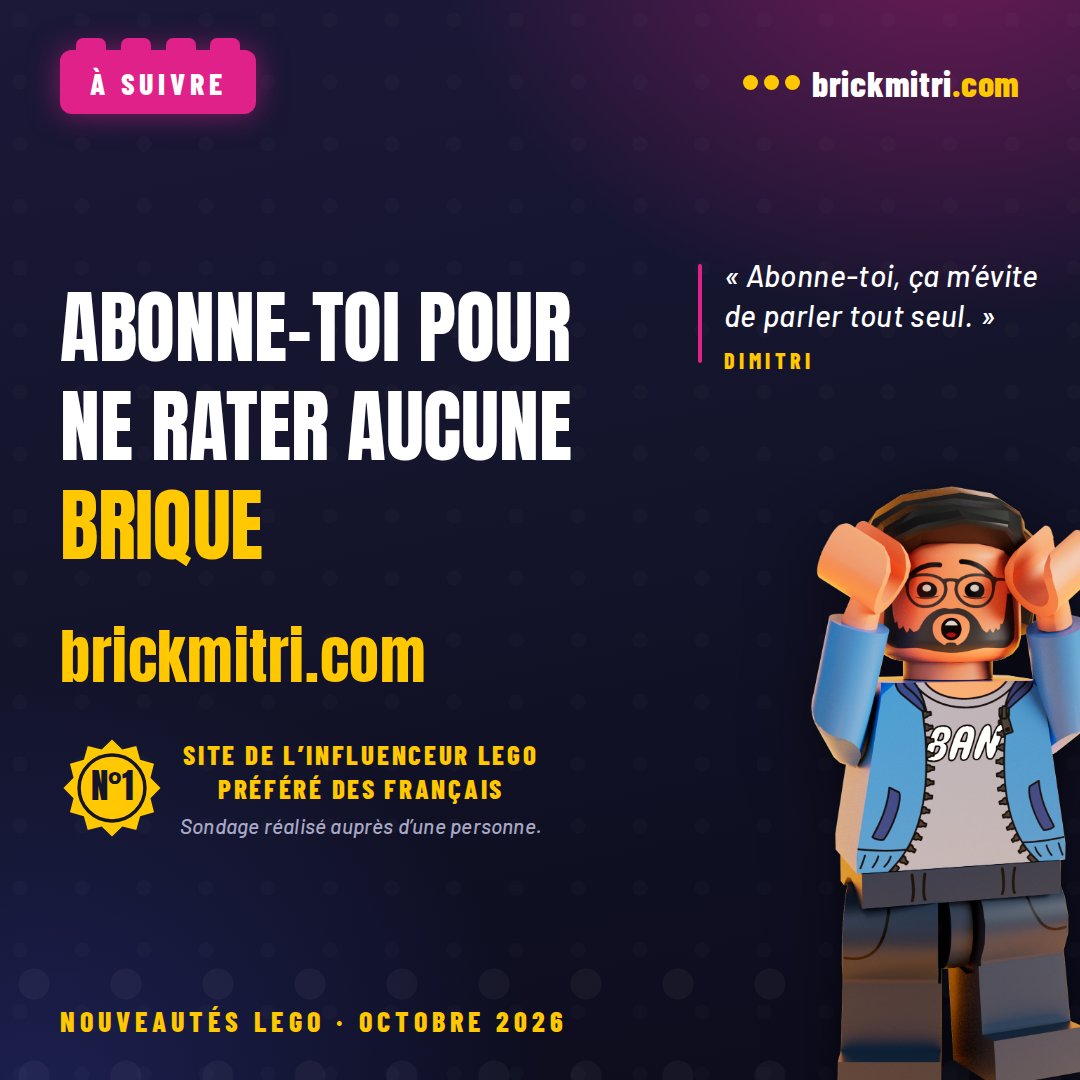 Planche de fin : « Abonne-toi pour ne rater aucune brique », brickmitri.com, avec la minifigurine de Dimitri qui se tient la tête.