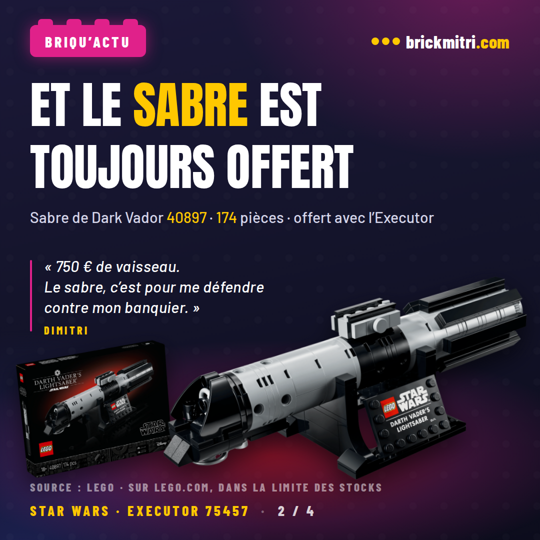 Le sabre laser de Dark Vador en briques, set 40897 de 174 pièces, toujours offert sur LEGO.com avec l’Executor.