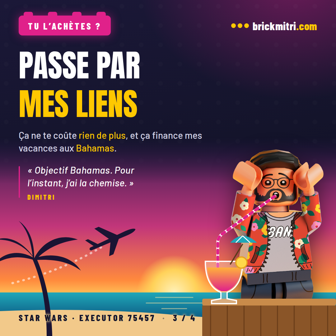 La figurine LEGO de Dimitri en chemise hawaïenne, un cocktail à la main, sur une plage avec un avion qui décolle : passez par ses liens pour lui offrir ses vacances aux Bahamas.
