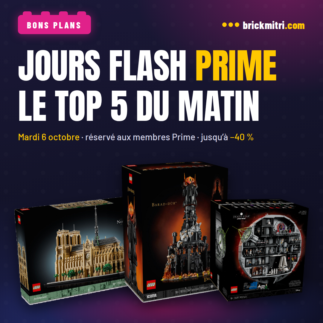 « Jours flash Prime le top 5 du matin » : les boîtes LEGO l’Étoile de la mort, Barad-dûr et Notre-Dame de Paris, de face, sur fond nuit.