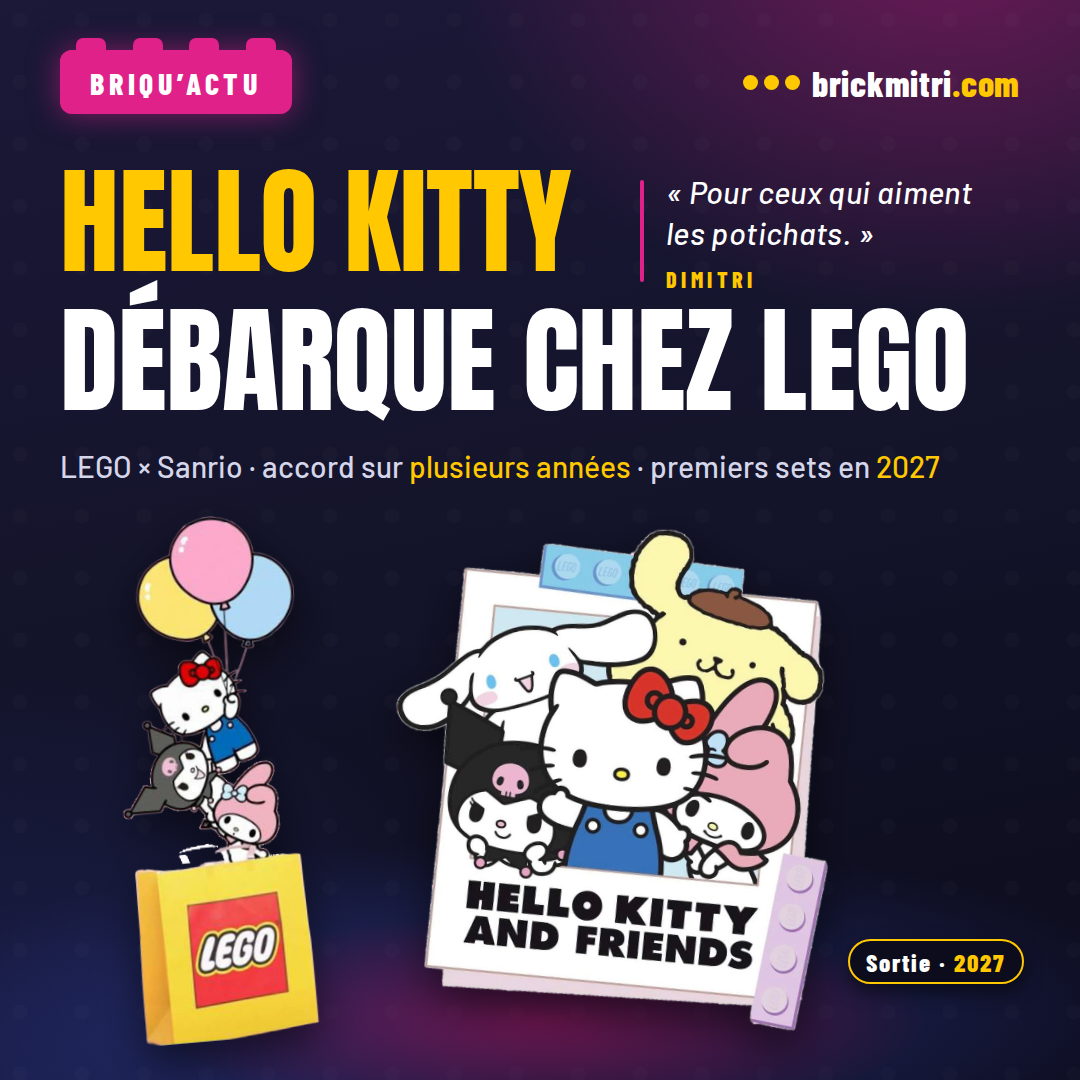 « Hello Kitty débarque chez LEGO » : l’emblème Hello Kitty and Friends et le sac LEGO tiré par des ballons. Partenariat LEGO × Sanrio, premiers sets en 2027.