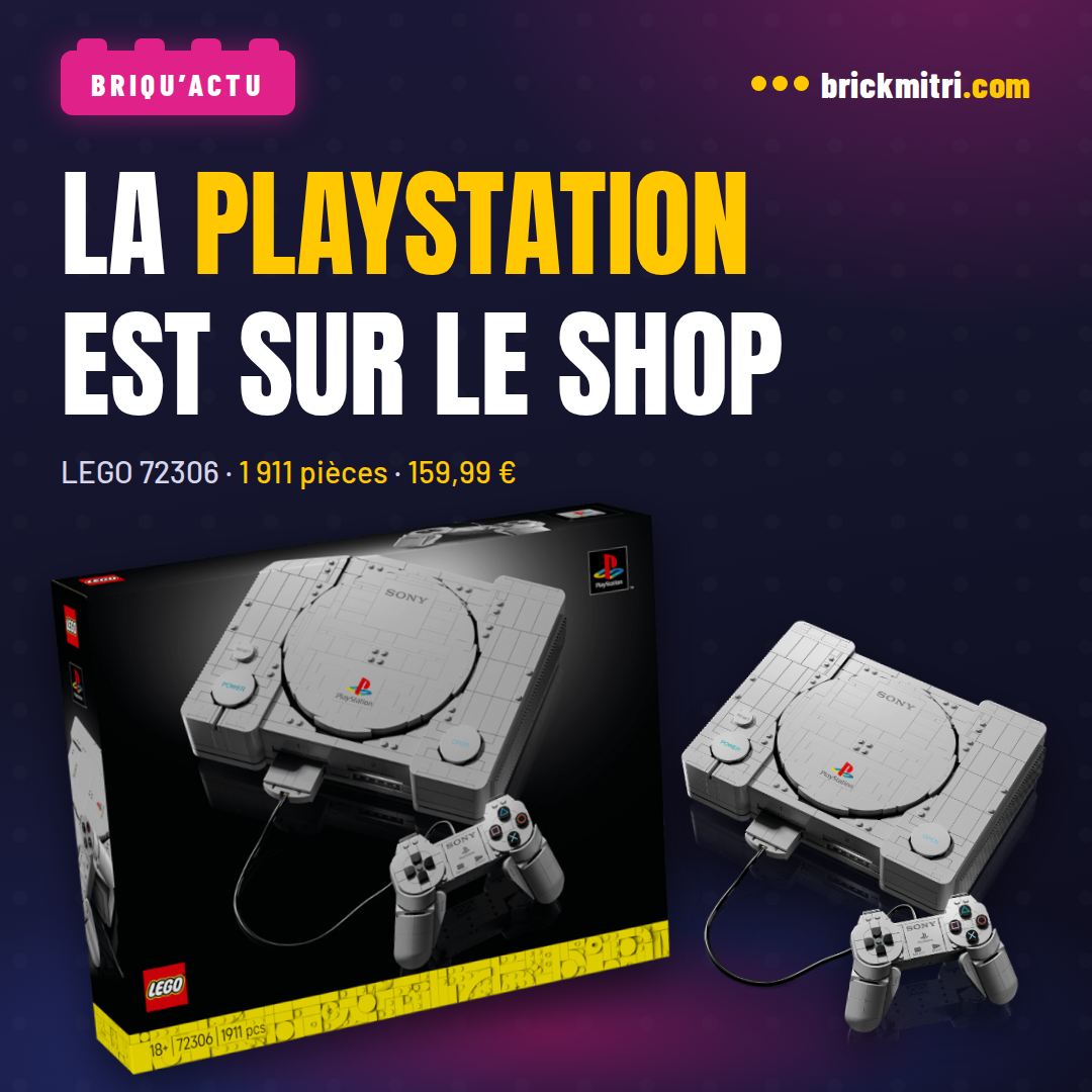 « La PlayStation est sur le Shop » : la boîte du set LEGO 72306 et la console grise en briques avec sa manette, 1 911 pièces, 159,99 €.